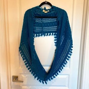 Madison 88 Anthropologie Teal Blue Infinity Scarf Open Knit 100% Acrylic Fringe